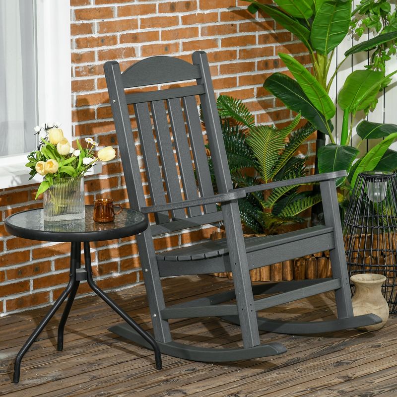 Outsunny Outdoor Rocking Chair, Traditional Slatted Porch Rocker with Armrests, Fade-Resistant Waterproof HDPE for Indoor & Outdoor, Dark Gray, 2 of 7
