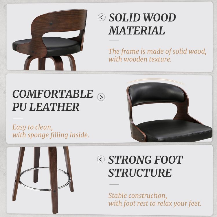 26" Counter Height Bar Stools, Mid Century Bar Stool with Solid Back, Barstools with Walnut Finish and Faux Leather Seat, 360-degree Swivel ，Black, 3 of 4