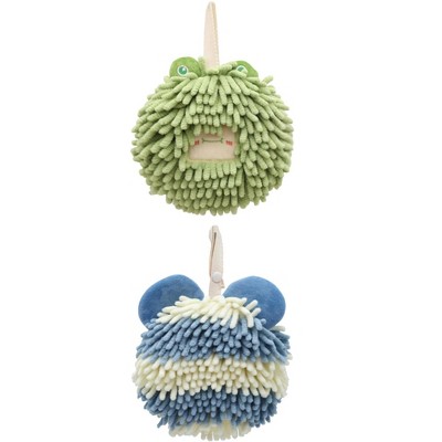 REGALWOVEN 2 Packs Chenille Fuzzy Cute Bear Shape Decorative Soft Absorbent Hanging Ball Hand Towels 7" x 7"