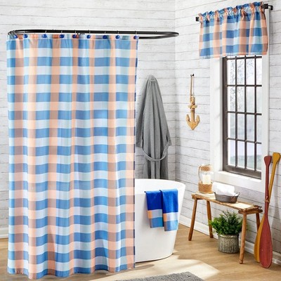 Summer Buffalo Plaid Blue and Beige Polyester Shower Curtain