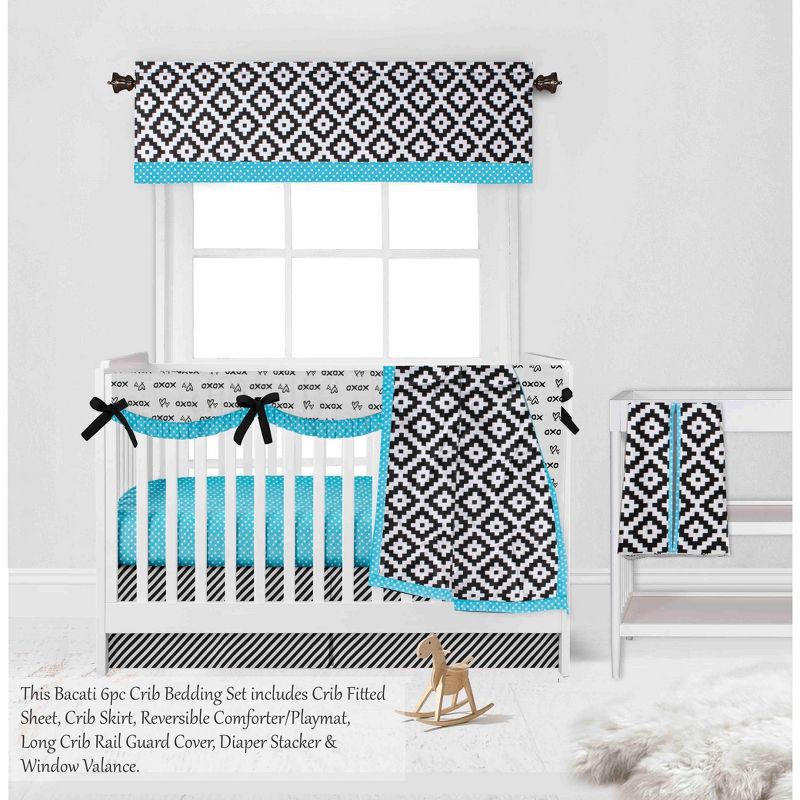 Bacati - Love Aztec Print Black Turquoise 6 pc Crib Bedding Set with Long Rail Guard Cover, 3 of 11