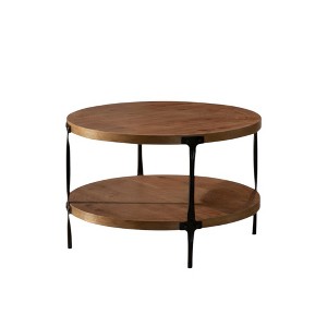 HomeRoots 31" Walnut and Black Wood and Steel Round Coffee Table With Shelf - 1 of 4
