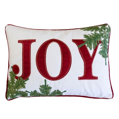 TopComfy Support Pillow JOY Embroidered Velvet Lumbar Cushion for Holiday Decorating, White and Red, 17"*17"*10"