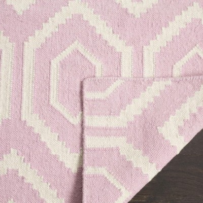 Pink and Ivory Geometric Wool Flat Weave Area Rug, 5' x 8'