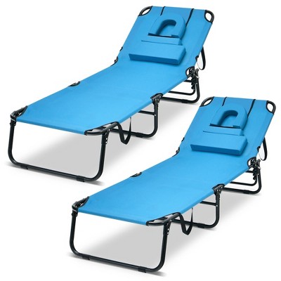 Tangkula 2PCS 5-Position Lounge Chair Adjustable Beach Chaise w/ Face Cavity & Pillows