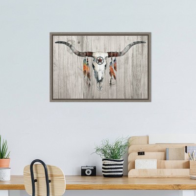 Rustic Longhorn Skull with Feathers Framed Canvas Art