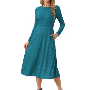 INSPIRE CHIC Women's Long Sleeve Round Neck Casual Stretchy A-Line Midi Dress - 1 of 4