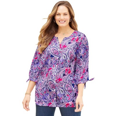 Catherines Women's Plus Size Georgette Buttonfront Tie Sleeve Cafe Blouse