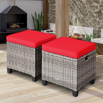 Costway 2PCS Patio Rattan Cushioned Ottoman Seat  Foot Rest Table