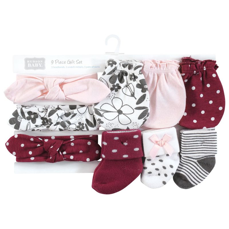 Hudson Baby Infant Girl Caps, Mittens and Socks Set, Retro Floral, 0-6 Months, 2 of 6