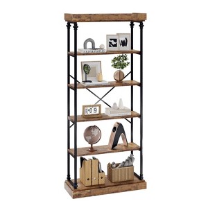 6 Tier Bookshelf, Farmhouse Book Shelves with Open Shelves, Tall Bookcase Shelf Storage Organizer, Modern Industrial Wood and Black Metal Bookshelves - 1 of 4