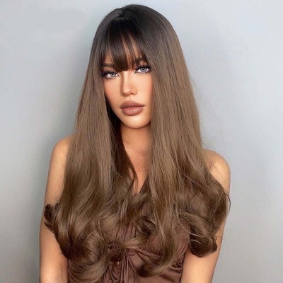 Jessie's Wig 26 Inch Long Wavy Bangs Wig Synthetic Wig Ombre Black to Brown 1 Pc/Pack