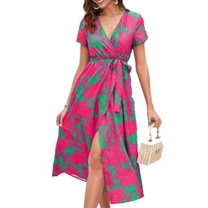 Floral Wrap Beach Dress for Women Summer Maxi Dress with Tie Waist V Neck Slit Flowy Dress Polka Dress High Waist Beach Cover Up - 1 of 4