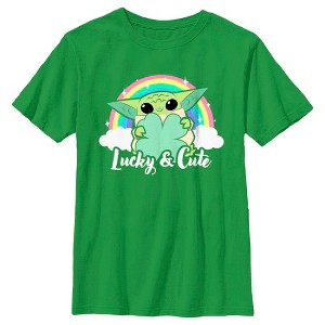 Boy's Star Wars: The Mandalorian Grogu St. Patrick's Day Rainbow Lucky and Cute T-Shirt - 1 of 4