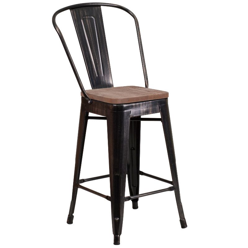 Merrick Lane Metal Dining Stool with Curved Slatted Back and Textured Wood Seat, 1 of 20