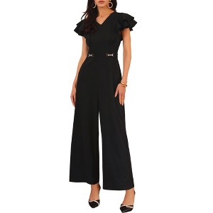 INSPIRE CHIC Women's Ruffled Short Sleeve V Neck Dressy Wide Leg Pants Jumpsuits - 1 of 4