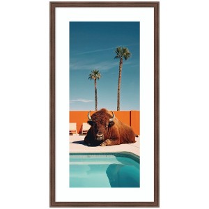 Kate and Laurel Framed Art Bison Chilling by the Pool in California by Michael Schauer, 22x42, Florence Medium Brown - 1 of 4
