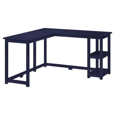 Navy L-Shaped Corner Desk with Shelves and Solid Wood Legs