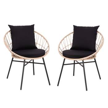Emma and Oliver Set of Two All-Weather Boho Papasan Style Finish Faux Rattan Rope Patio Chairs with Cushions