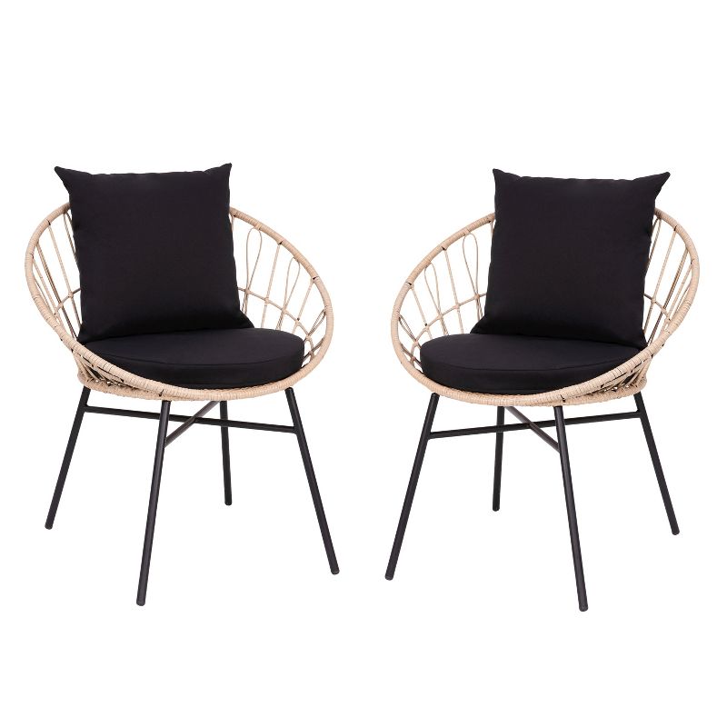 Emma and Oliver Set of Two All-Weather Boho Papasan Style Finish Faux Rattan Rope Patio Chairs with Cushions, 1 of 12