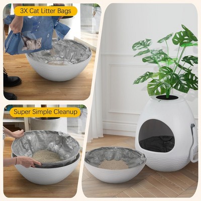 White Egg-Shaped Hidden Cat Litter Box with Artificial Plant and Odor Control