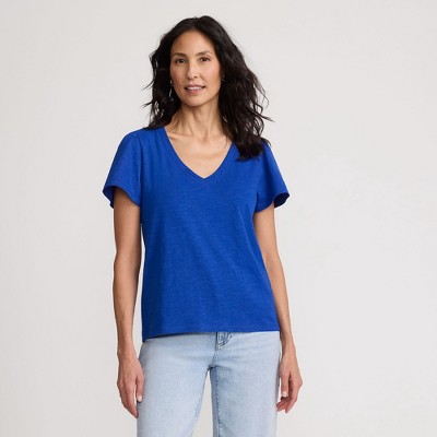 Lands' End Women's Slub Flutter Sleeve V-Neck T-Shirt