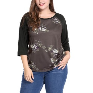 Agnes Orinda Women's Plus Size Round Neck 3/4 Raglan Sleeves Floral Printed Dressy Casual Peasant Tops - 1 of 4