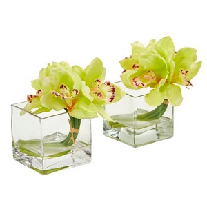 Nearly Natural Cymbidium Orchid Artificial Arrangement in Glass Vase (Set of 2), Green - 1 of 4