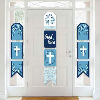 Big Dot of Happiness Blue Elegant Cross - Hanging Vertical Paper Door Banners - Boy Religious Party Wall Decoration Kit - Indoor Door Decor