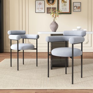 Modern Fabric Upholstered Dining Arm Chairs Set of 2,Curved Back Armrest Dining Chair with Metal Legs,Barrel Kitchen Dining Armchair-Coolbibila - 1 of 4
