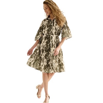 ellos Plus Size Button Bodice Flounce Tie Waist Dress