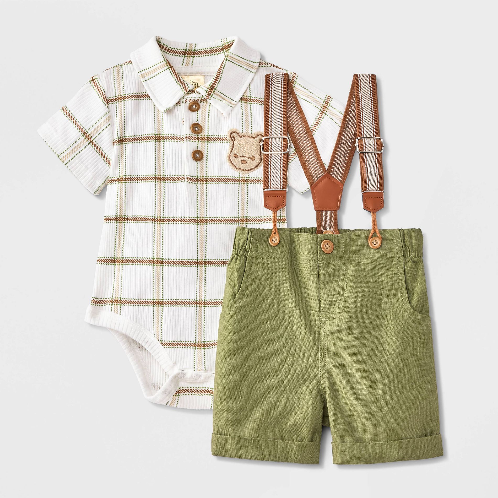 Baby Boys' 2pc Disney Winnie The Pooh Short Sleeve Bodysuit and Shorts Suspender Set - Green/White