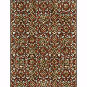 Non-Slip Rubber Backing Traditional Rug Brown Multi Color Thin Pile Machine Washable Indoor/Outdoor Area Rug