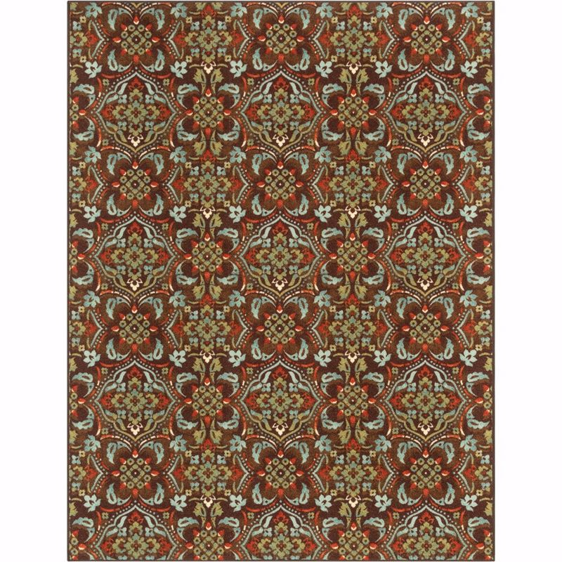 Non-Slip Rubber Backing Traditional Rug Brown Multi Color Thin Pile Machine Washable Indoor/Outdoor Area Rug, 1 of 9