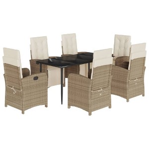 vidaXL 7 Piece Patio Dining Set – Beige Poly Rattan with Cushions – Adjustable Reclining Chairs – Glass Tabletop - 1 of 4