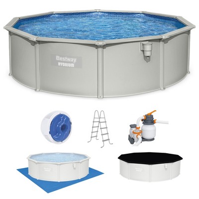 Bestway Hydrium Above Ground Swimming Pool, 15' x 48" Round Steel Wall Pool Set with Sand Filter Pump, Chemical Dispensers, and Accessories
