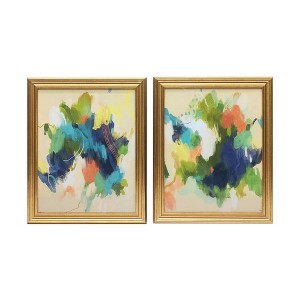 HomeRoots Set Of Two Orange Blue Yellow Abstracts Gold Framed Print Wall Art - 1 of 4