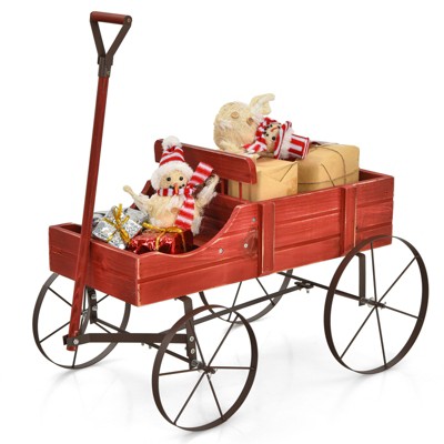 Tangkula Wooden Garden Flower Planter Wagon Wheel Plant Bed Decorative Garden Planter for Backyard Garden