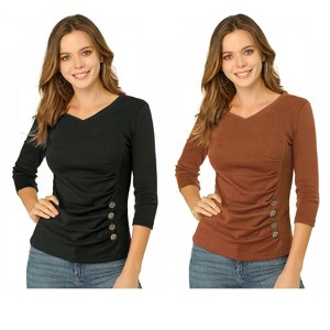 INSPIRE CHIC Women's V Neck 3/4 Sleeves Solid Knitted Buttons Decor Ruched Blouse 2 Packs - 1 of 4