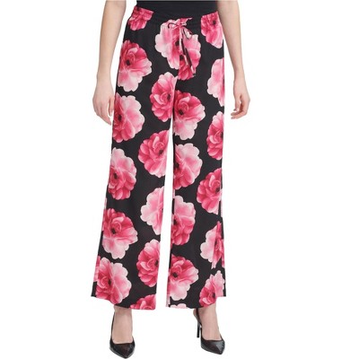 Calvin Klein Womens Floral Casual Wide Leg Pants, Black, Medium