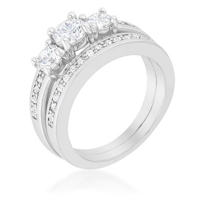 Slickblue Women's Three Stone Eternity Wedding Set – Rhodium-Plated with Clear Cubic Zirconia, Sizes 5 to 10