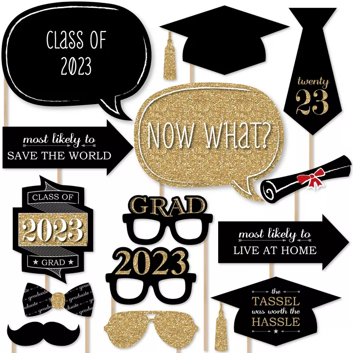 Big Dot of Happiness Gold Graduation Party - 2023 Grad Photo Booth Props Kit - 20 Count - graduation picture ideas