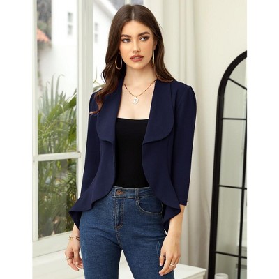 YesFashion Womens Classic 3/4 Sleeve Blazer Draped Open Front Jackets Lapel Work Office Cropped Blazer