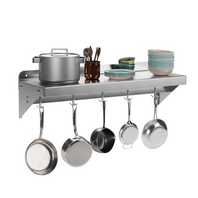 Whizmax Metal Storage Rack with Backplash for Kitchen,12" x 24" Stainless Steel Wall Mount Shelf with 5 Hooks