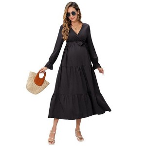 Coolmee Women's Maternity Boho Dress Fall Long Sleeve Wrap V Neck Ruffle Flowy Wedding Guest Vacation Maxi Dresses for Baby Shower Black M