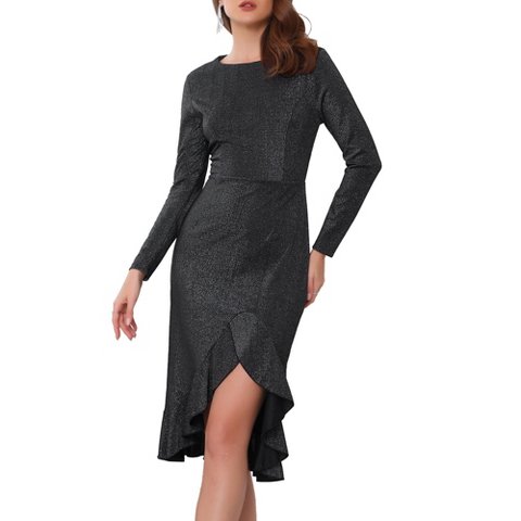 Женские платья INSPIRE CHIC Women's Glitter Party Crew Neck Long Sleeve Ruffles High Low Split Dress Black Medium