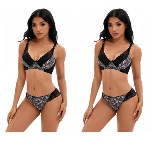 INSPIRE CHIC 2 Pcs Women's Floral Mesh Push-Up Underwire Lace Bra and Underwear Sets - 1 of 4