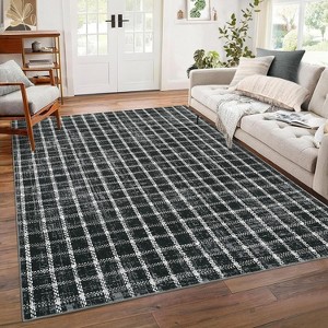 Acekool Geometric Checkered Area Rug, Washable Non-Slip Low Pile Entryway Carpet, Ultra Thin Lightweight Modern Throw Mat for Bedroom Living Room - 1 of 4