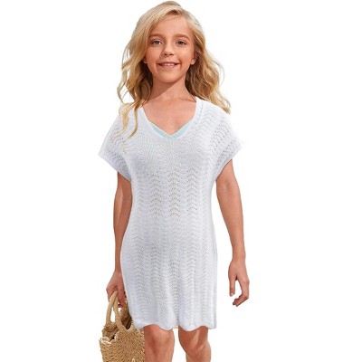 Girls Cut Out Crochet Coverup V Neck Short Sleeve Beach Dress Summer Swimwear Beachwear for 4-13Y
