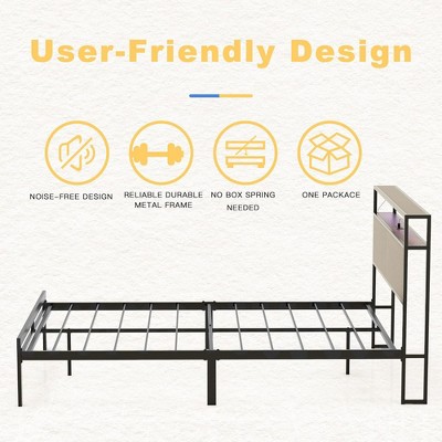 Queen Black Metal Platform Bed with Storage Headboard and MDF Panels